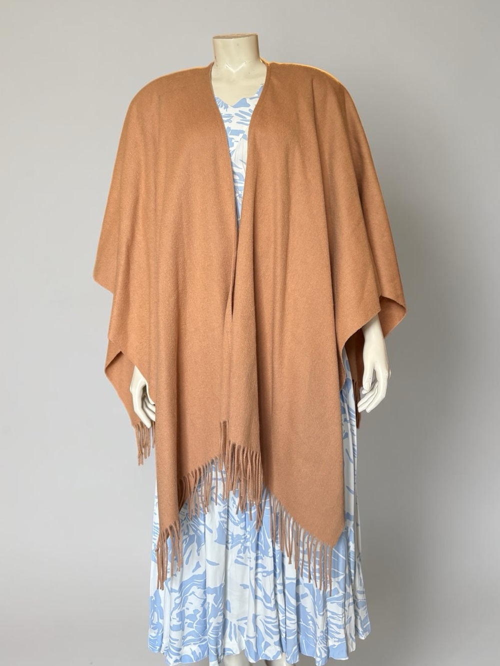 Portolano 100% Lambswool Camel Brown Fringe Poncho Cape Wrap Scarf One Size
